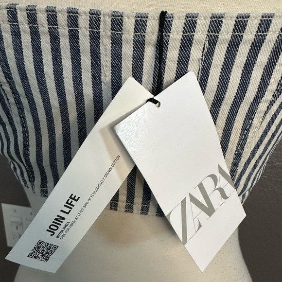 Zara Denim Bustier Railroad Stripe Blue White Stretch Crop Top Sz M Coquette NWT - Picture 4 of 9